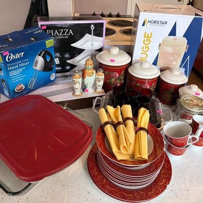 Sale Photo Thumbnail #97: Glass , Canister set, Cake Pans, Red Glasses, dishes, and new serving items.
