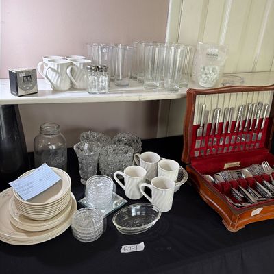 Sale Photo Thumbnail #69: Assorted Silverware, Glasses, 
Corelle, Calico Rose, and more.