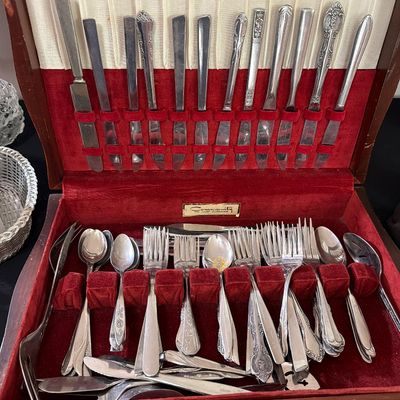 Sale Photo Thumbnail #74: Assorted Silverware, Glasses, 
Corelle, Calico Rose, and more.