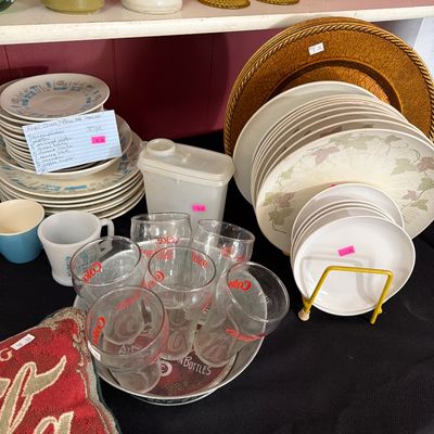 Sale Photo Thumbnail #88: Royal China Blue Heaven, Vintage green dishes, Coke items, glasses, and more.