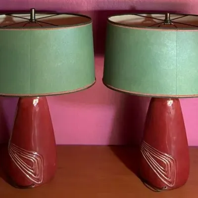 Sale Photo Thumbnail #314: Lamps have been tested and they work.
Measures 24 inches high (with shades) and 16 inches wide (shade measurement).