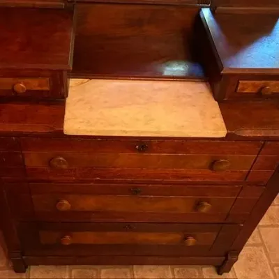 Sale Photo Thumbnail #285: Measures 80 inches high, 38 inches wide and 18 inches deep.
3 inch crack in marble top.