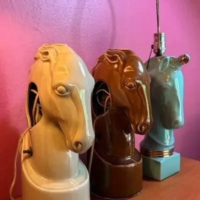 Sale Photo Thumbnail #195: Lamps have been tested and they work.
The cord on the blue lamp is discolored and frayed.
Blue lamp measures 15 inches high, 4 inches wide and 6 inches deep.
Brown and off white lamp meaure 15 inches high, 5 inches wide and 9 inches deep.