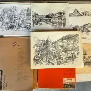 Sale Photo Thumbnail #230: Includes art by his daughter Carol Mathis.
Approximately 200 items. Many more items than shown in these photographs.
Includes list of art items with negatives, many signed prints, and a few originals. Some duplicates.
