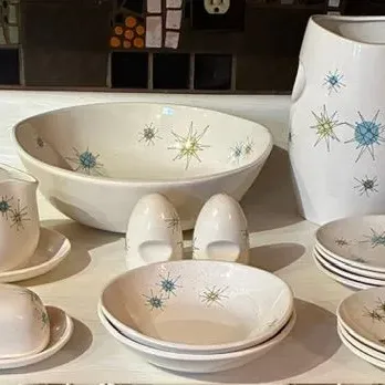 Sale Photo Thumbnail #119: Large Bowl
Large cannister (no lid)
Gravy boat
Butter dish
Salt and pepper shakers (no stoppers)
Two small bowls
Seven small plates
Good condition