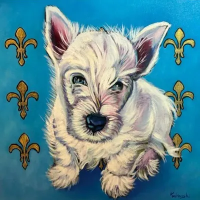Sale Photo Thumbnail #176: Kathy Wronski. is a local artist known for her custom pet portaits and contemporary oil paintings.
Measures 16 inches high and 16 inches wide.