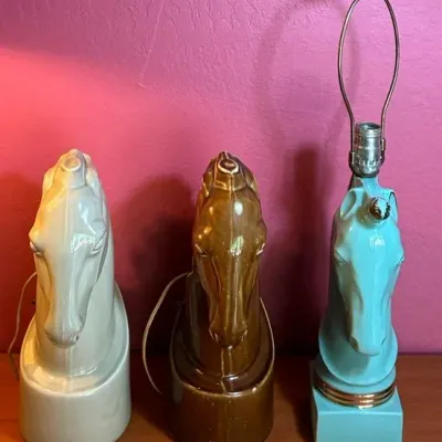 Sale Photo Thumbnail #194: Lamps have been tested and they work.
The cord on the blue lamp is discolored and frayed.
Blue lamp measures 15 inches high, 4 inches wide and 6 inches deep.
Brown and off white lamp meaure 15 inches high, 5 inches wide and 9 inches deep.