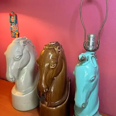 Sale Photo Thumbnail #196: Lamps have been tested and they work.
The cord on the blue lamp is discolored and frayed.
Blue lamp measures 15 inches high, 4 inches wide and 6 inches deep.
Brown and off white lamp meaure 15 inches high, 5 inches wide and 9 inches deep.