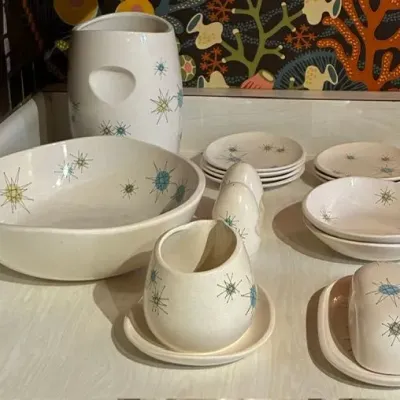 Sale Photo Thumbnail #120: Large Bowl
Large cannister (no lid)
Gravy boat
Butter dish
Salt and pepper shakers (no stoppers)
Two small bowls
Seven small plates
Good condition