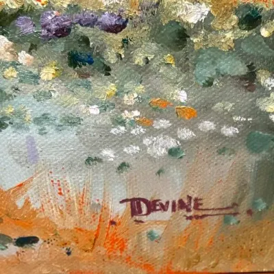Sale Photo Thumbnail #149: Thomas Devine said.“Nature has been my greatest influence, I grew up on a farm along the river and lived in the north woods for 55 years. Most of my work is a direct reflection of my early years with some sprinkles of fantasy mixed in,” 
Measures 12 i