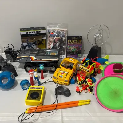 Retro Toy Lot; Hit Stix, Milton Bradley BIG TRAK (untested), Plasma Globes, etc.