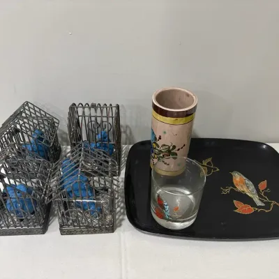 Vintage Style Decorative Birdcage, Pottery Beer Mug and a Bird Glass and a Serving Tray