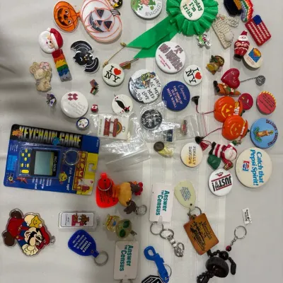 Mixed Group of Vintage Pins and Keychains; Pac-Man Keychain Game Unopened