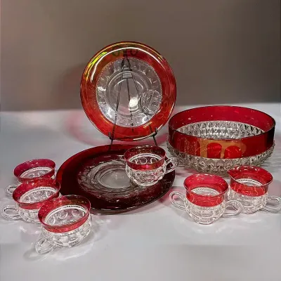 Indiana Glass King’s Crown Ruby Flash Glass Bowl, Snack Plate & Cup Sets, & Sugar And Creamer Set 