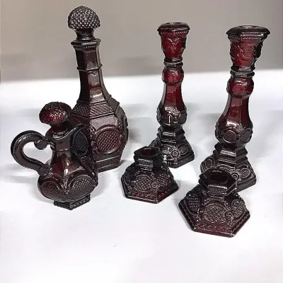 Avon 1876 Cape Cod Collection Ruby Red Glass Decanters & Candlestick Holder Sets