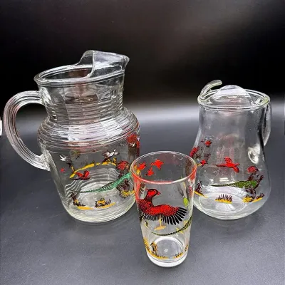 “Pheasant Hunting” Themed Large & Small Pitcher And Drinking Glass