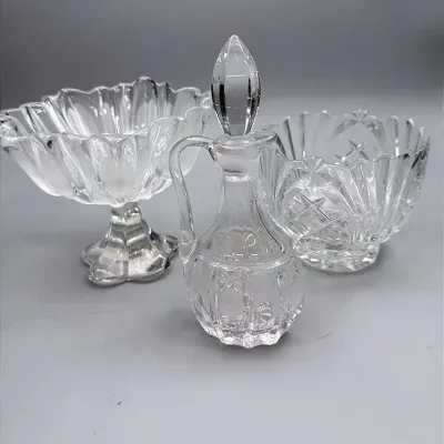 Mikasa “Spring Tulips” Footed Bowl, Wellington Lead Crystal Bowl & Crystal Glass Oil Decanter