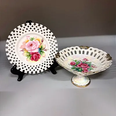 Lefton Lattice Floral China Plate And A Lattice Floral Compote Dish