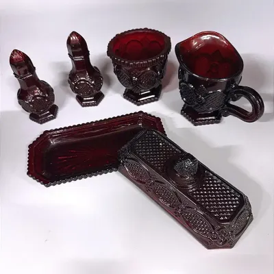 Avon 1876 Cape Cod Collection Ruby Red Glass Butter Dish, Sugar & Creamer Set & Salt And Pepper Set