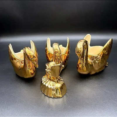 22K Gold Hand Painted Ceramic Swans And 22K Gold Hand Painted Ceramic Cornucopia Candlestick Holder