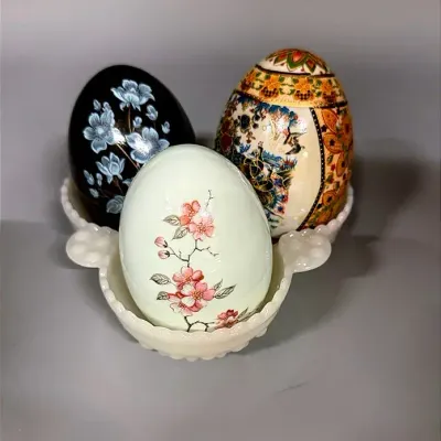 A White Milk Glass Hobnail Pattern Divided Dish & Three Decorative Ceramic Eggs