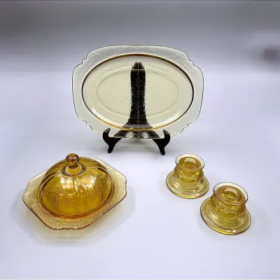Madrid Amber Depression Glass Covered Butter Dish, Large Platter & Candlestick Holders