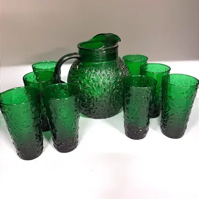 Anchor Hocking Forest Green Crinkle Glass Pitcher & Eight Drinking Glasses