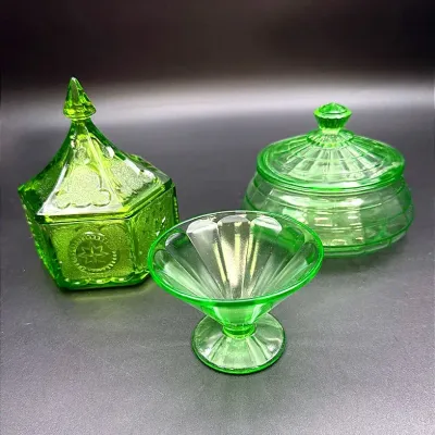 Uranium Glass Dessert Cup, Uranium Glass Candy Dish & Indiana Tiara Hexagon Candy Dish
