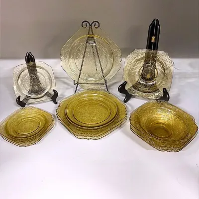 Madrid Amber Depression Glass Service For Four Dinner Plate, Bread Plate & Bowl