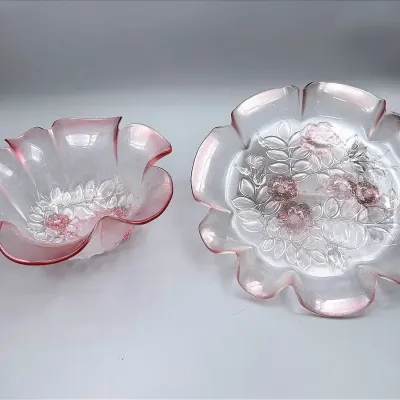 Mikasa Pink Frosted Rosella Pattern Glass Bowl And Platter