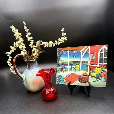 Bill Campbell Violet & Blue Glazed Pitcher, Rainbow Crackle Glass Vase & Reco “Nantucket” 3D Plaque