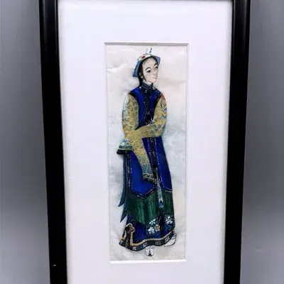19th-Century Watercolor On Delicate Pith Paper Of A Woman In Traditional Attire