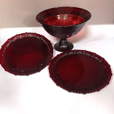 Vintage Avon Ruby Red Glass Fruit Bowl And Two Red Glass Dinner Plates