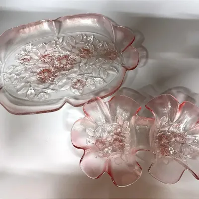 Mikasa Rosella Pink Glass Serving Tray & Mikasa Rosella Pink Glass Double Relish Tray Or Candy Dish 