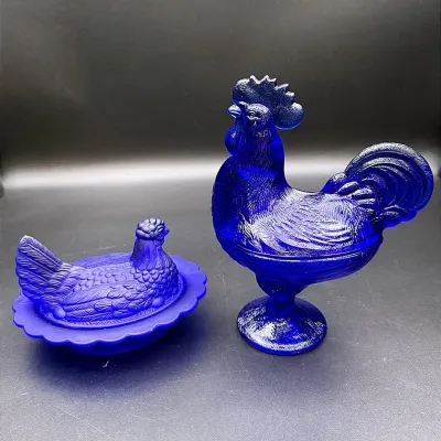 Blue Glass Hen On A Nest And Blue Glass Rooster