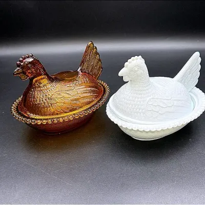 Brown Glass Hen On A Nest & Milk Glass Hen On A Nest
