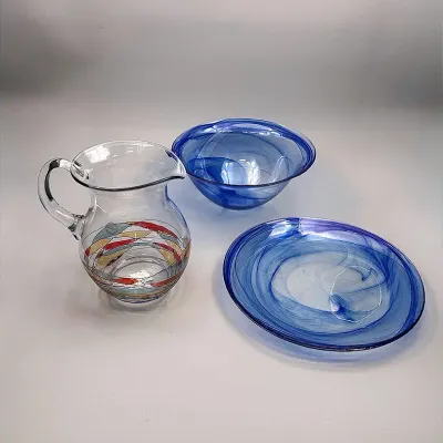 Blue Galleria Pitcher Made In Romania & Handmade Blue Swirl Glass Serving Bowl And Platter 