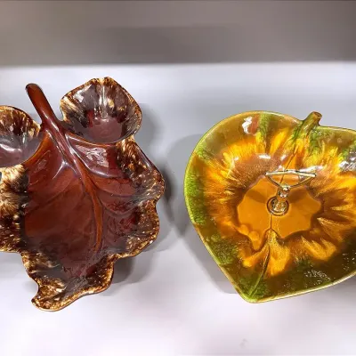 Vintage Hull Divided Maple Leaf Serving Dish & Leaf Shaped Drip Glaze Nut Or Candy Dish