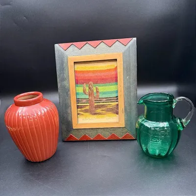 “Arizona Daze” Embossed Copper Cactus On Tapestry, Alvin Baca Melon Jar & Green Glass Pitcher 