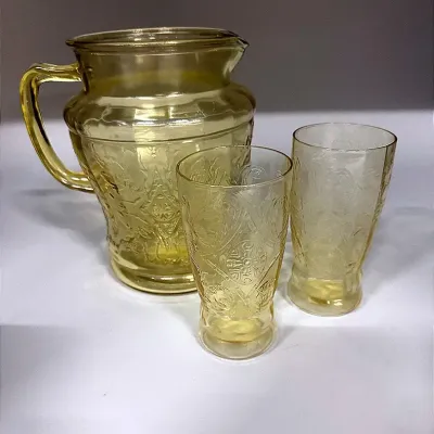 Madrid Amber Depression Glass Pitcher And Two Drinking Glasses