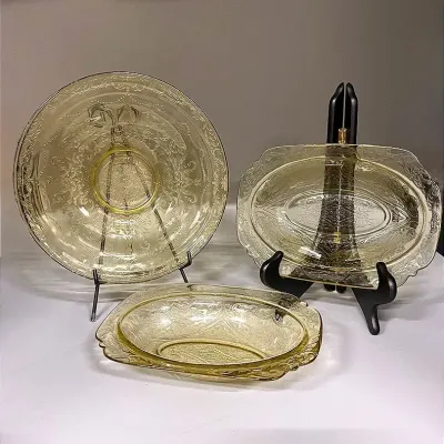 Madrid Amber Depression Glass Console Bowl And Two Oval Serving Bowls