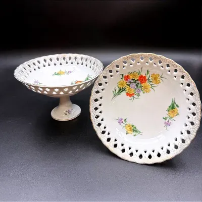 Vintage Floral Design Porcelain Pedestal Compote Dishes