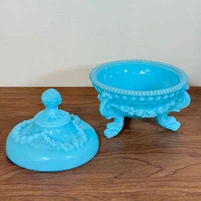 LOT 42F: Vintage French Blue Opaline Milk Glass Argonaut Shell Covered Candy Dish