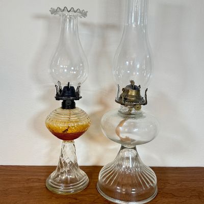 LOT 21F: Pair of Vintage Glass Hurricane Oil Lamps