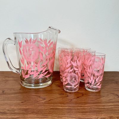 LOT 41F: Mid-Century Glass Pink Floral Pattern Pitcher & 6 Matching Glasses