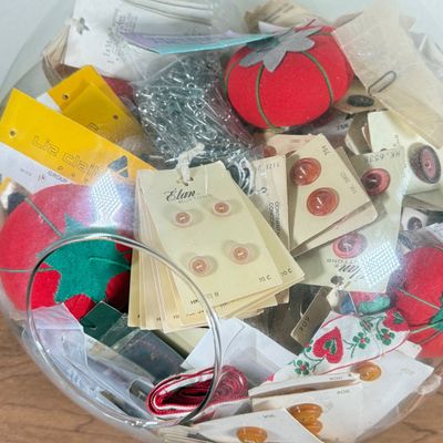 LOT 150F: Glass Terrarium Vase FULL of Tomato Pin Cushions, Buttons & More