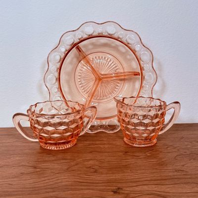 LOT 3F: Vintage Pink Depression Glass: Anchor Hocking Old Colony Round Relish Dish, Jeanette Cubist Sugar Bowl & Creamer