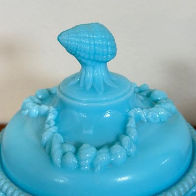 LOT 42F: Vintage French Blue Opaline Milk Glass Argonaut Shell Covered Candy Dish