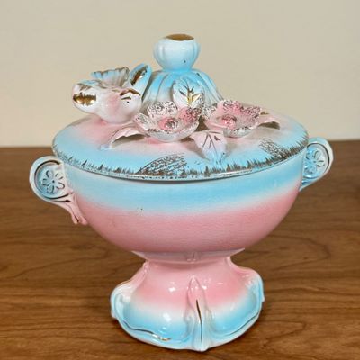 LOT 54F: Vintage 1950s Hand Painted Betson Pink & Blue Compote Candy Dish