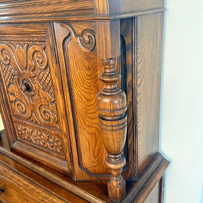 LOT 23F: 1920s/30s English Jacobean Revival/Tudor Style Carved Oak Bar Cabinet